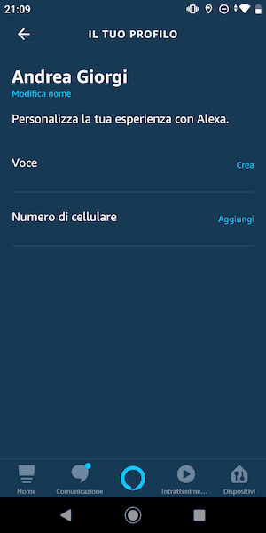 creare utente personalizzato alexa